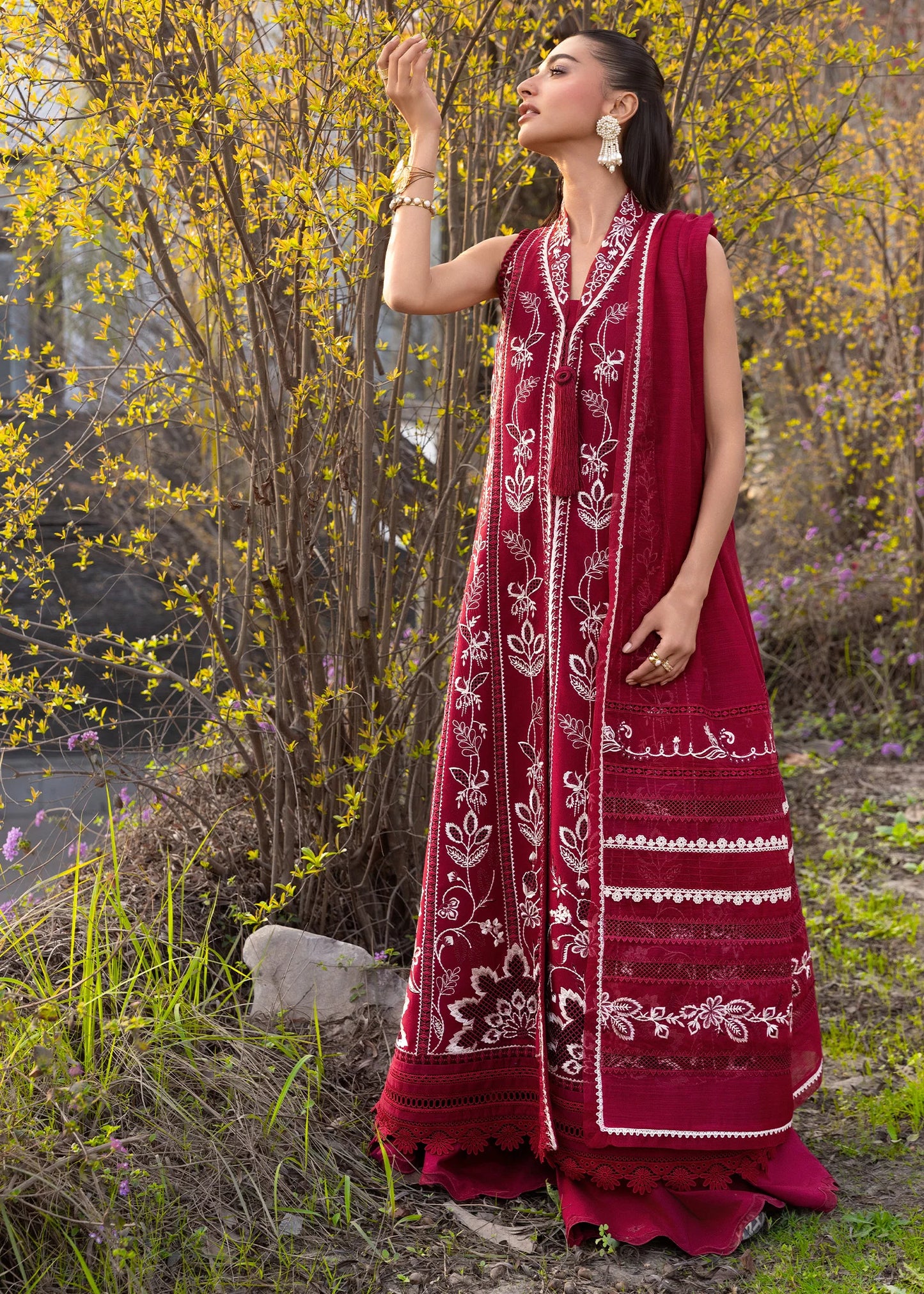 Flow By Crimson Unstitched Embroidered 3 Piece Suit A Handmade Tale - D5A (Crimson)