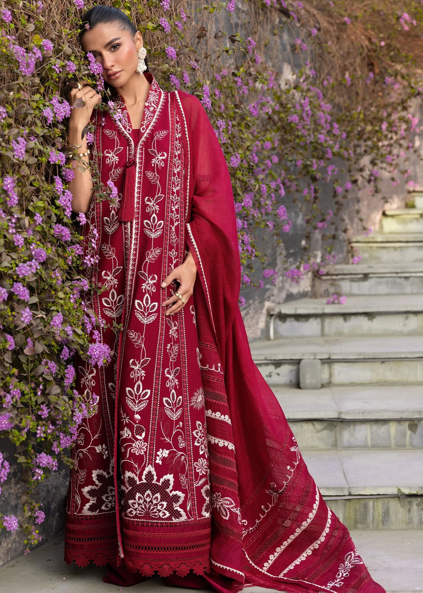 Flow By Crimson Unstitched Embroidered 3 Piece Suit A Handmade Tale - D5A (Crimson)