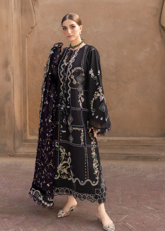Flow By Crimson Unstitched Embroidered 3 Piece Suit Floral Serenity - D1A (Onyx)