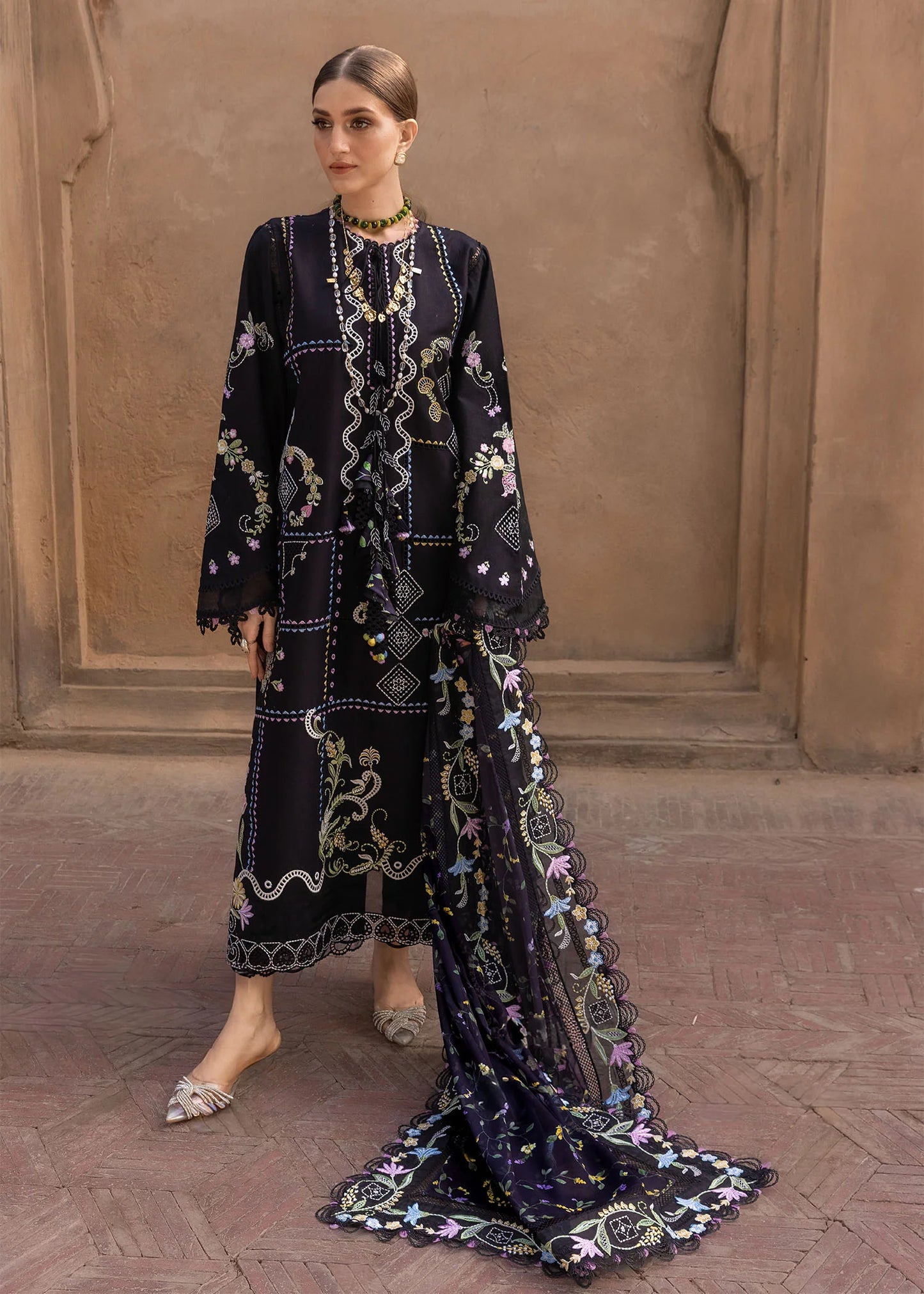 Flow By Crimson Unstitched Embroidered 3 Piece Suit Floral Serenity - D1A (Onyx)