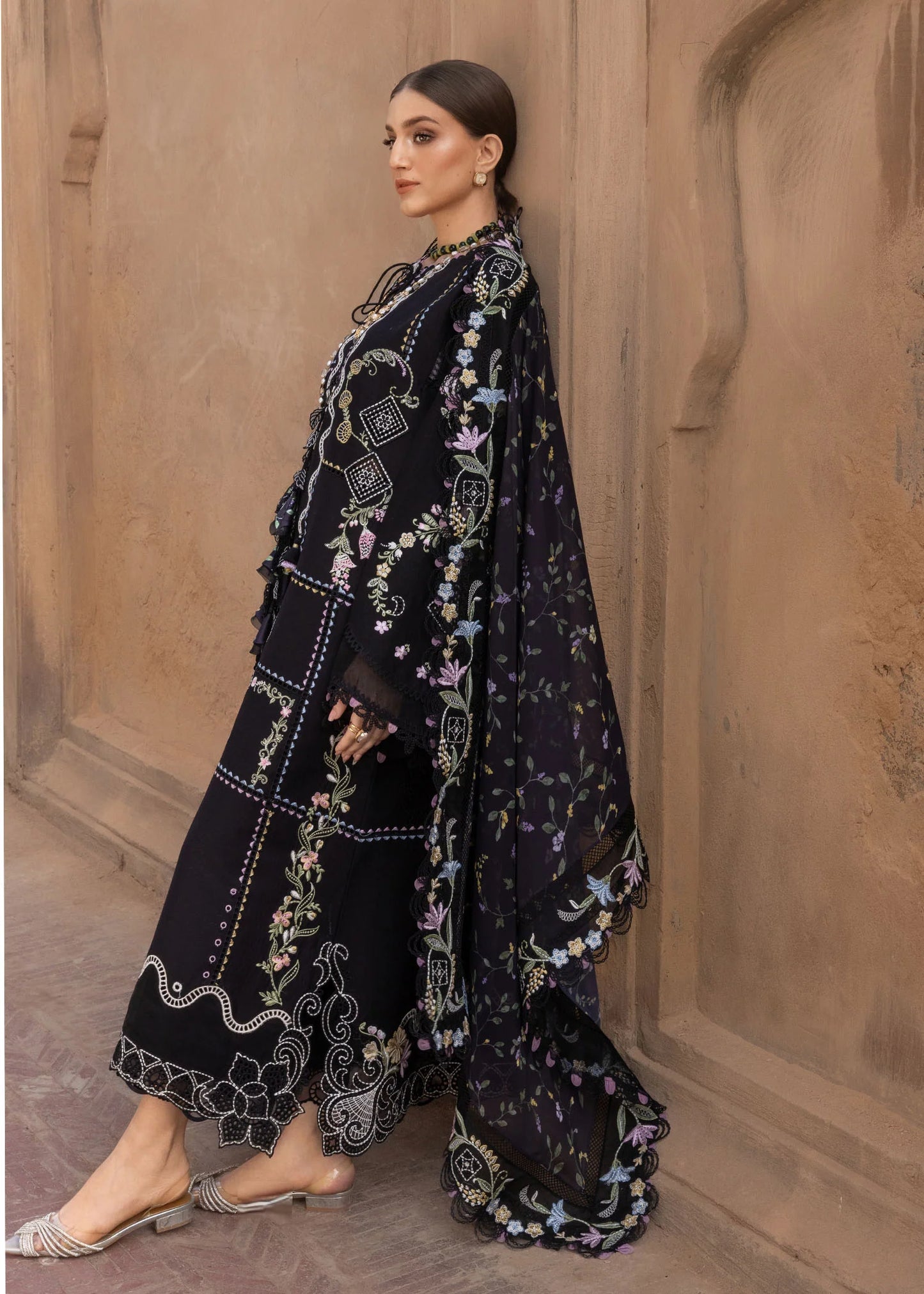 Flow By Crimson Unstitched Embroidered 3 Piece Suit Floral Serenity - D1A (Onyx)