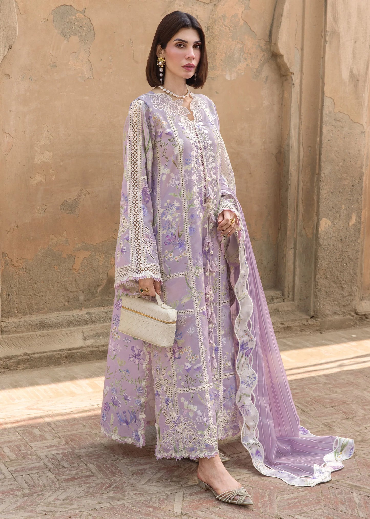 Flow By Crimson Unstitched Embroidered 3 Piece Suit A Summer Dance - D2B (Lavender)