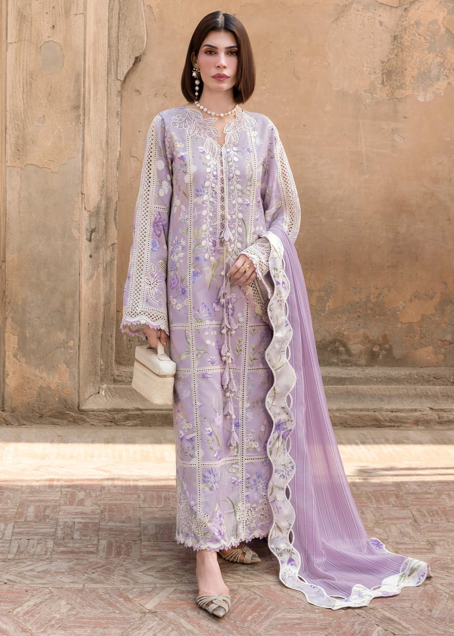 Flow By Crimson Unstitched Embroidered 3 Piece Suit A Summer Dance - D2B (Lavender)