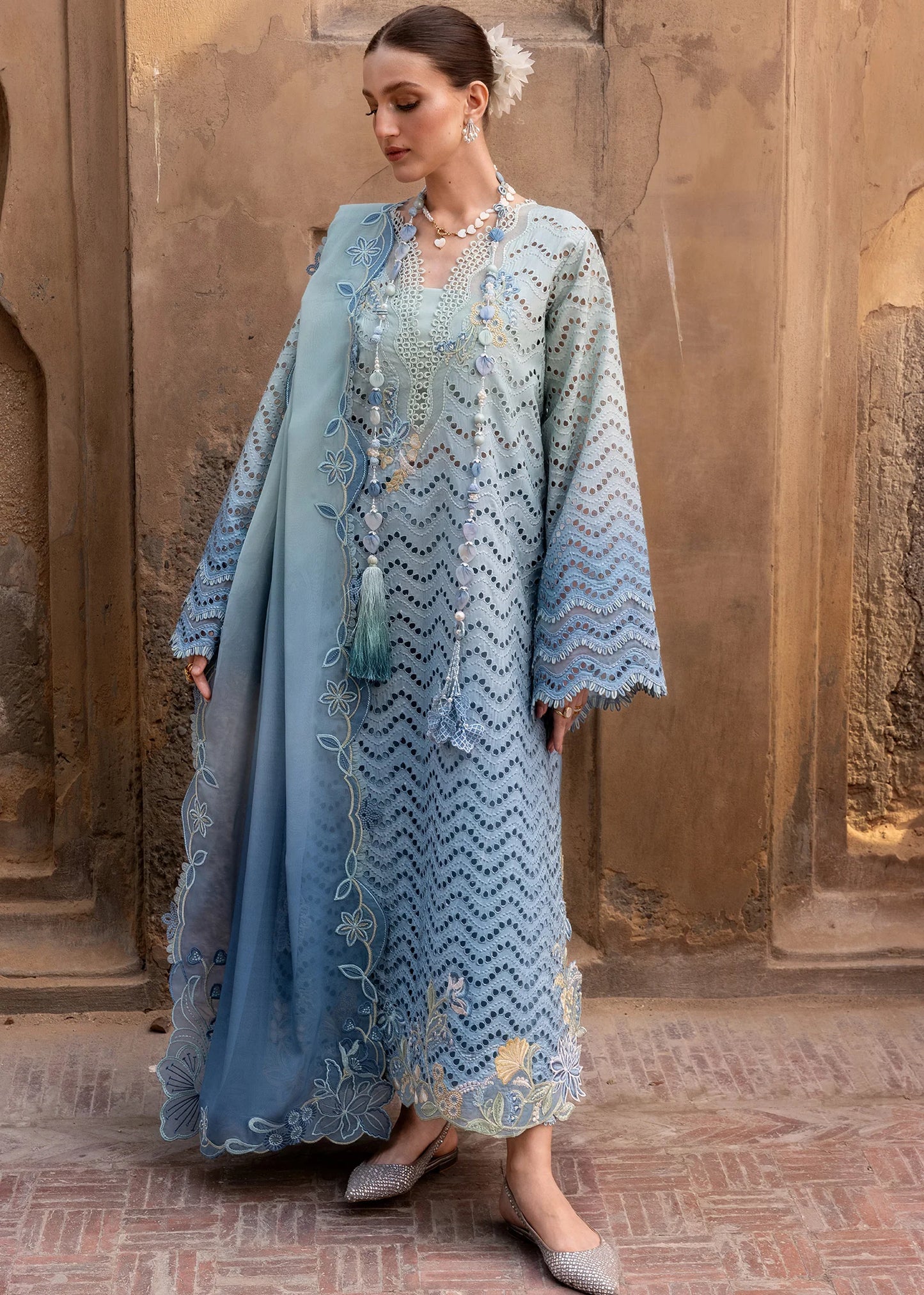 Flow By Crimson Unstitched Embroidered 3 Piece Suit Ombre Love- D8A (Ocean)