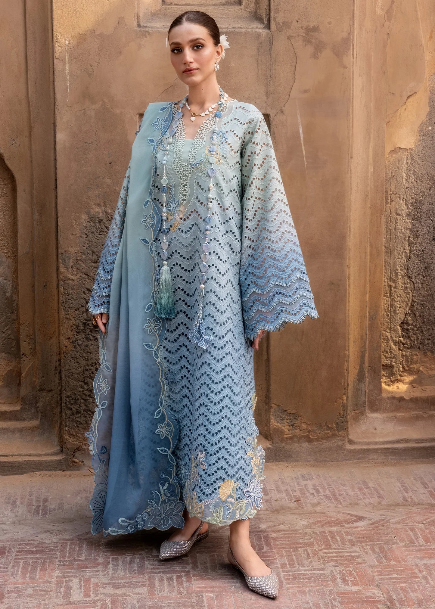 Flow By Crimson Unstitched Embroidered 3 Piece Suit Ombre Love- D8A (Ocean)
