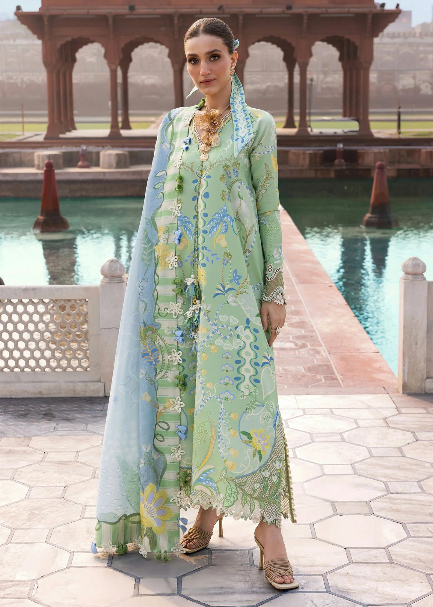 Flow By Crimson Unstitched Embroidered 3 Piece Suit Out of Many Hearts- D6B (apple Green)