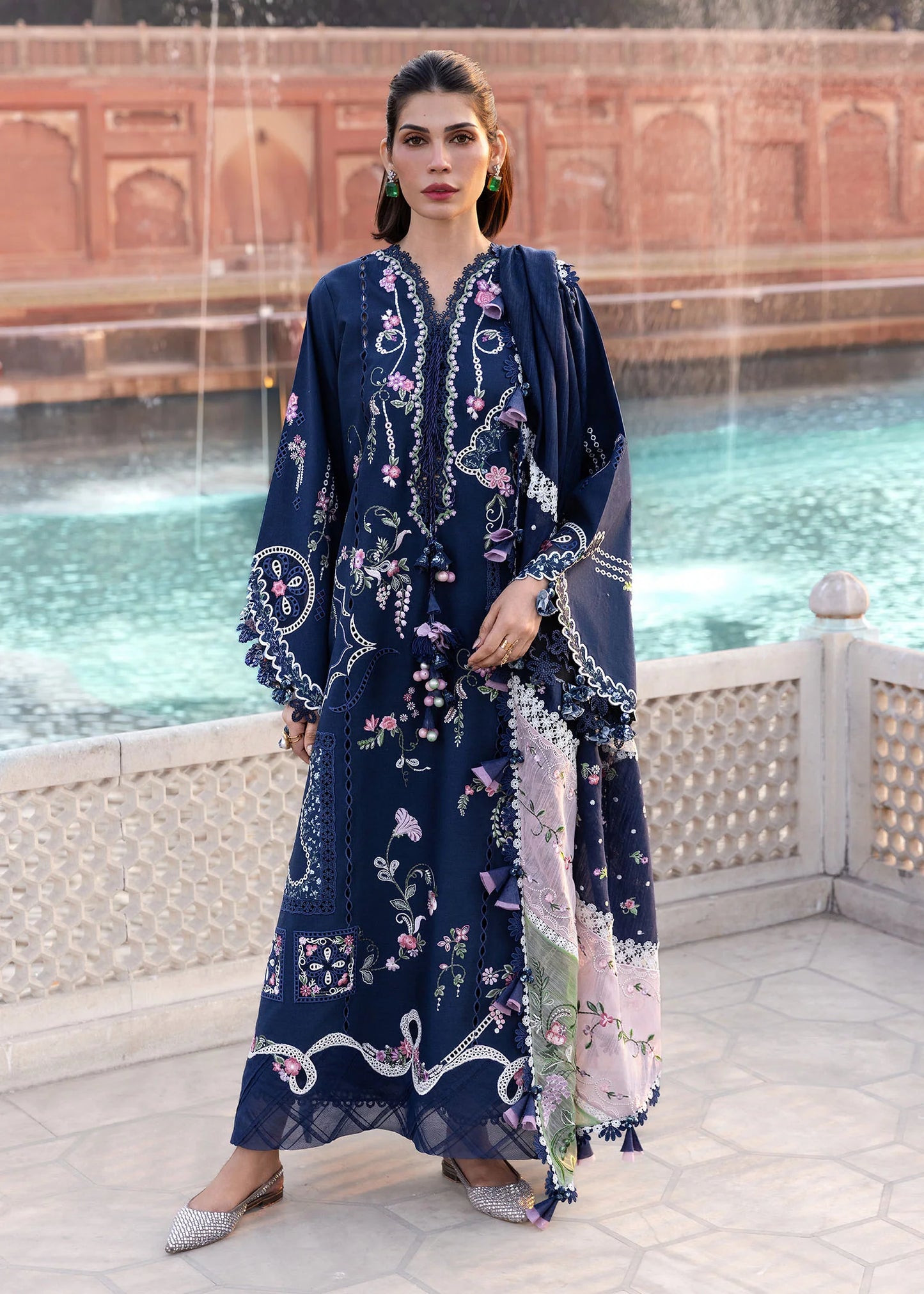 Flow By Crimson Unstitched Embroidered 3 Piece Suit Manifested Meadows - D7B (Midnight Blue)