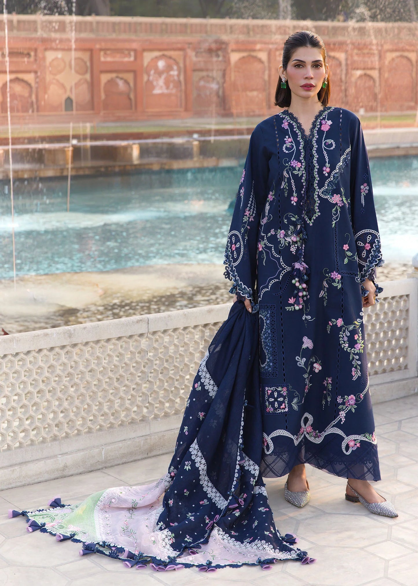Flow By Crimson Unstitched Embroidered 3 Piece Suit Manifested Meadows - D7B (Midnight Blue)