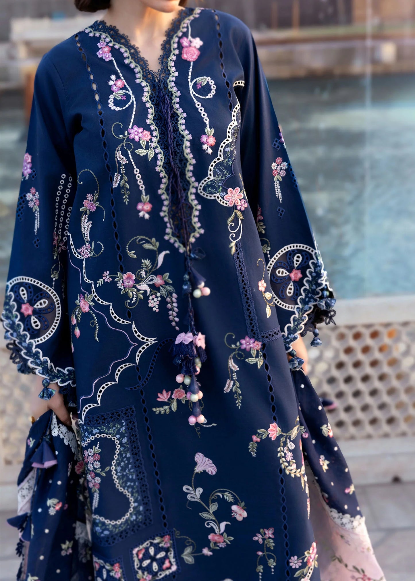 Flow By Crimson Unstitched Embroidered 3 Piece Suit Manifested Meadows - D7B (Midnight Blue)