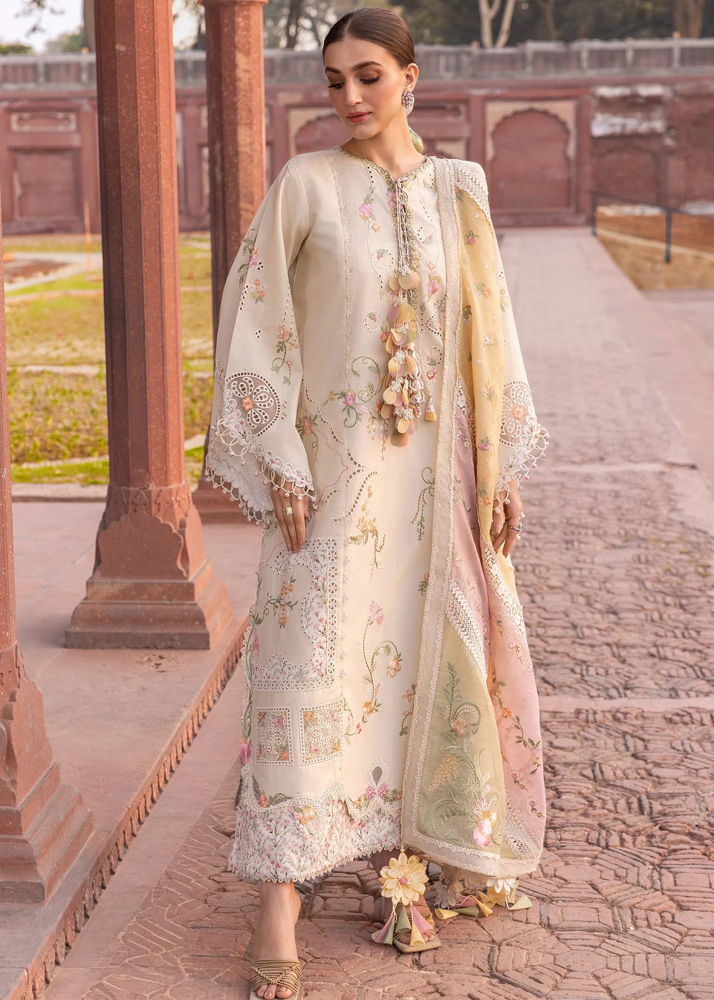 Flow By Crimson Unstitched Embroidered 3 Piece Suit Manifested Meadows - D7A (Ivory)