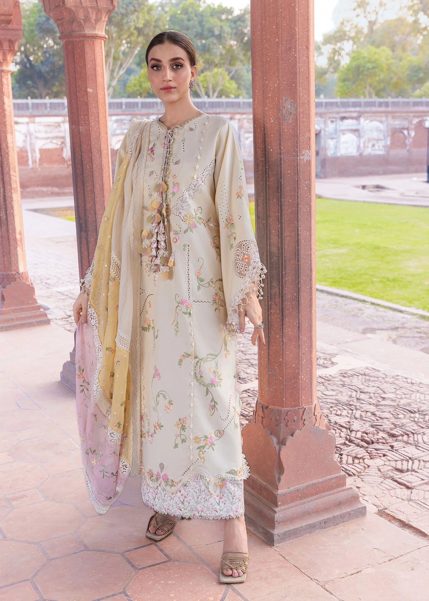 Flow By Crimson Unstitched Embroidered 3 Piece Suit Manifested Meadows - D7A (Ivory)