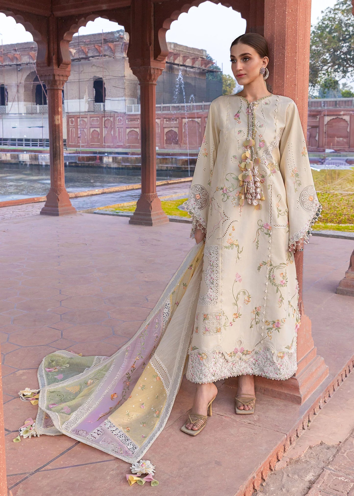 Flow By Crimson Unstitched Embroidered 3 Piece Suit Manifested Meadows - D7A (Ivory)
