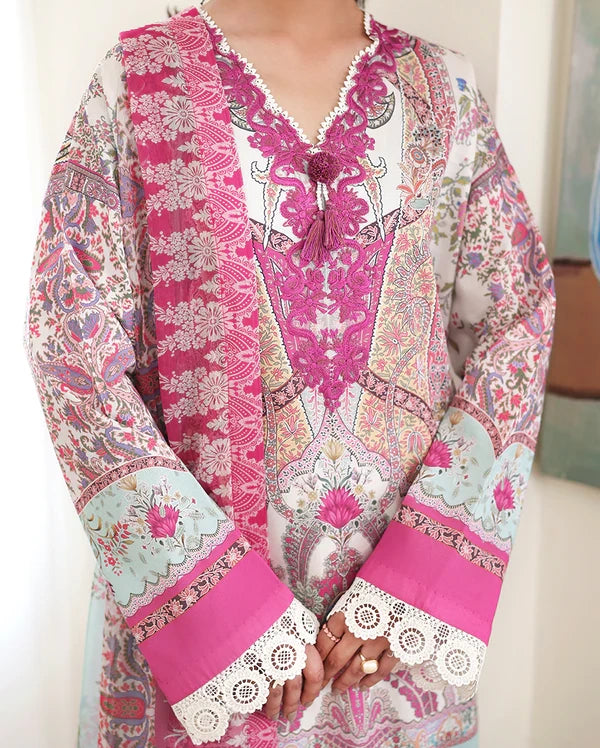 Roheenaz Éclat | Coral Hibiscus | Unstitched 3 Piece Lawn Suit (Printed & Embroidered)