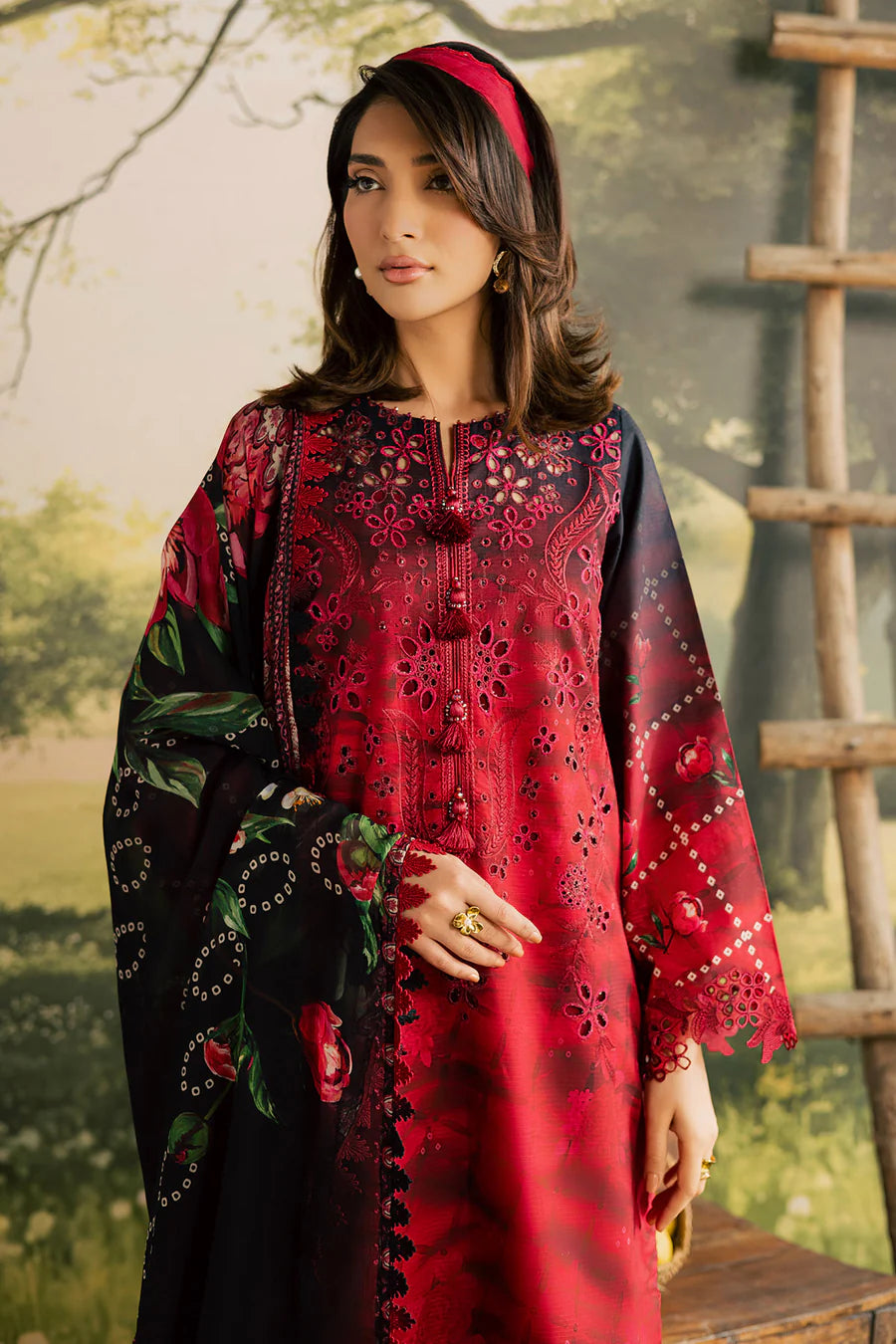NUREH BLOOM Embroidered & Printed Doriya Lawn 3 Piece Unstitched Suit (BL-15)