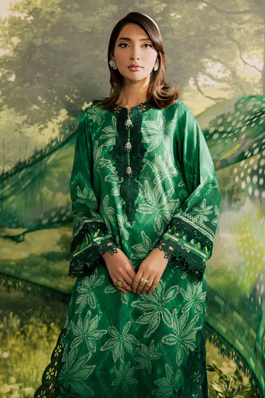 NUREH BLOOM Embroidered & Printed Doriya Lawn 3 Piece Unstitched Suit (BL-17)