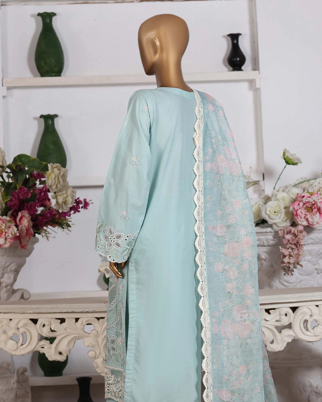 HZ Muse-Embroidered 3 Piece Outfit Stitched Suite SOFT CYAN (CSE-3P-212)
