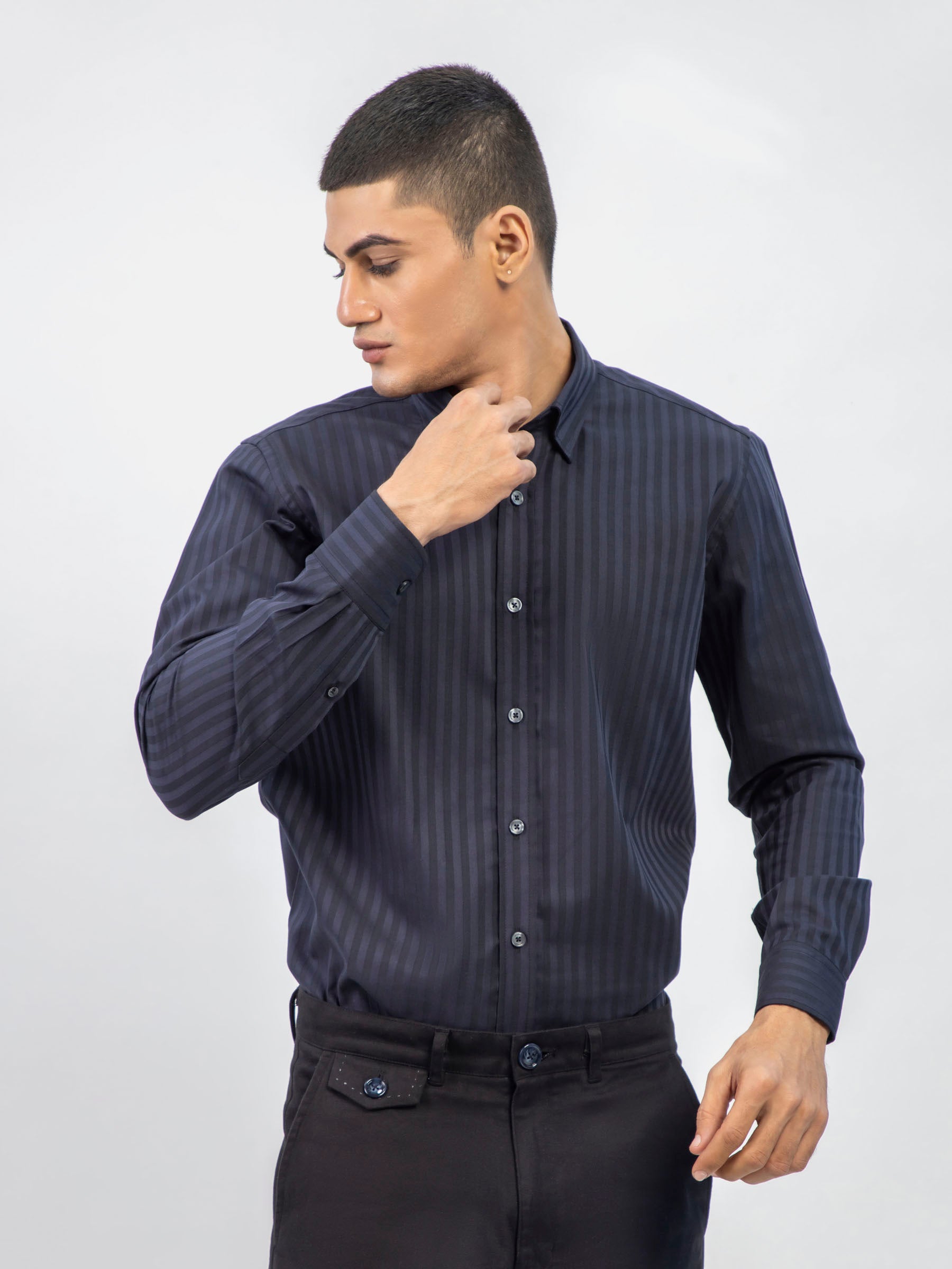 Dark Navy 5042 Striped Formal Shirt With In side Button Down Collar-SS2024