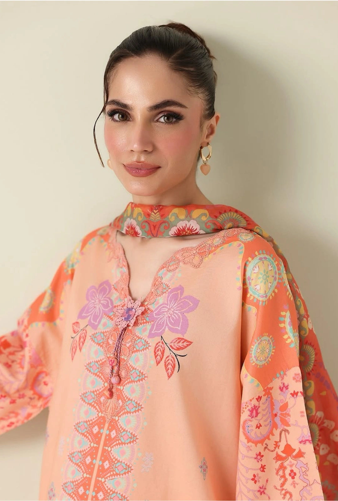 Roheenaz Rosette  Warm Horizon 3-Piece Unstitched Lawn Suit | Printed Shirt with Embroidered Neckline & Chiffon Dupatta