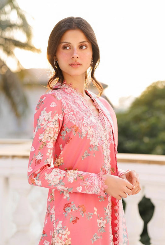 Afrozeh AMELUNE 3-Piece Unstitched Lawn Suit | Coral-Pink Embroidered Shirt with Sheer Dupatta