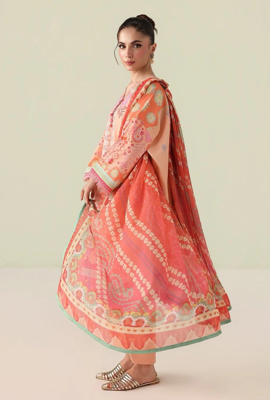 Roheenaz Rosette  Warm Horizon 3-Piece Unstitched Lawn Suit | Printed Shirt with Embroidered Neckline & Chiffon Dupatta