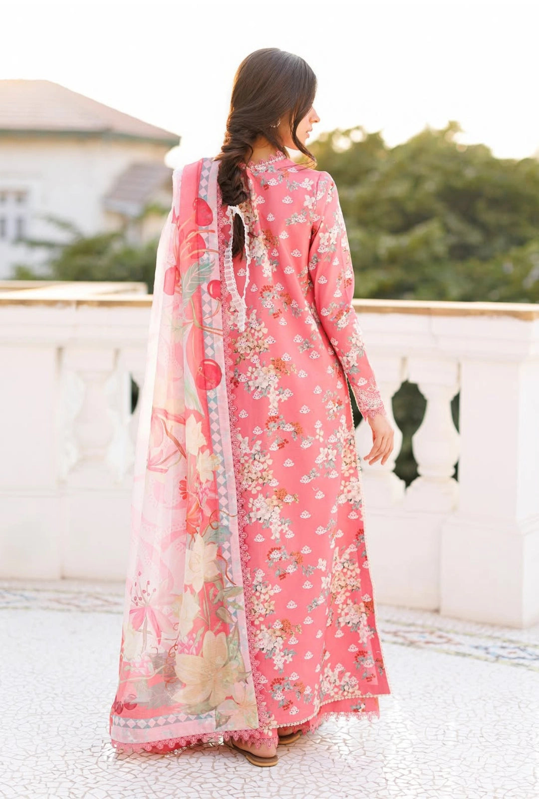 Afrozeh AMELUNE 3-Piece Unstitched Lawn Suit | Coral-Pink Embroidered Shirt with Sheer Dupatta
