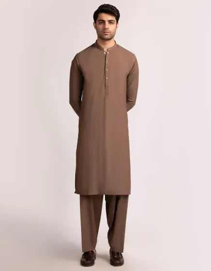 Brown Cotton Blended Semi-Formal Stitched Kameez Shalwar – Regular Fit