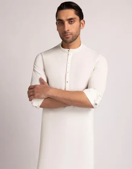 Off White Blended Stitched Kurta with Trousers – Regular Fit