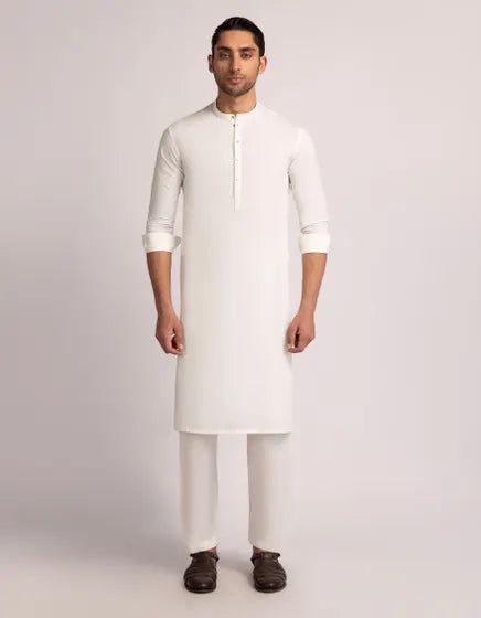 Off White Blended Stitched Kurta with Trousers – Regular Fit