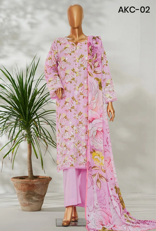 Amna Khadija Ismet Chikankari Embroidered Bana Dora Lawn Stitched 3 Piece Suit - AKC-02 | Pink | Summer Collection