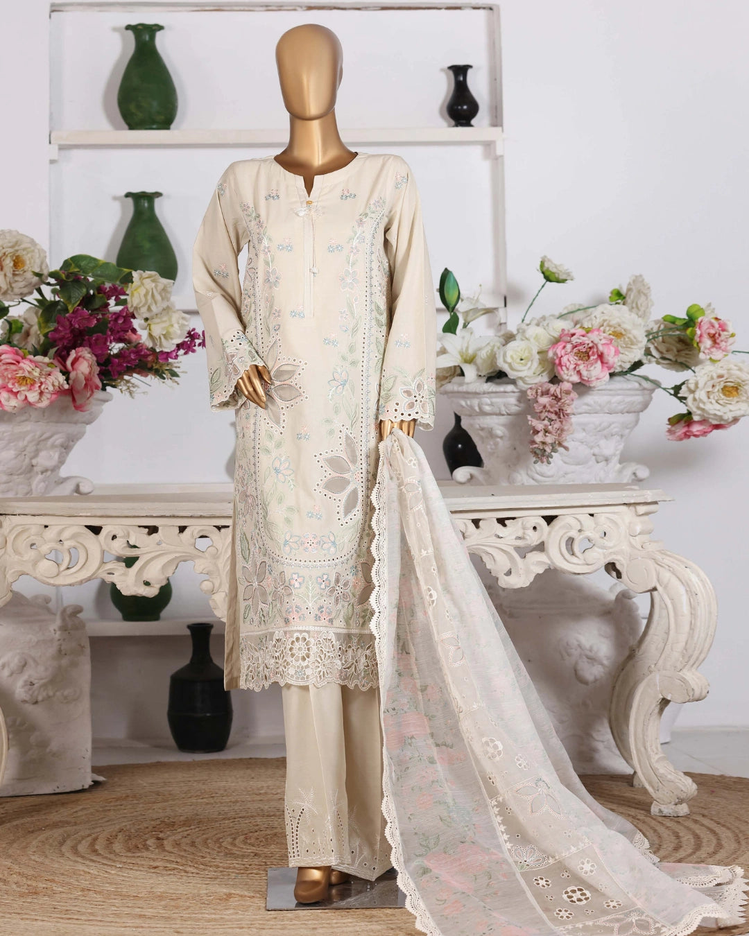 HZ Muse-Embroidered 3 Piece Outfit Stitched Suite IVORY (CSE-3P-212)