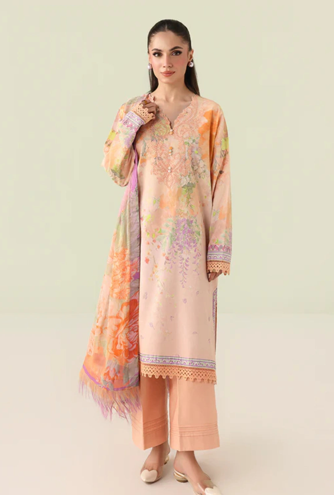Roheenaz Rosette  Sunlit Fern 3-Piece Unstitched Lawn Suit | Printed Shirt with Embroidered Neckline & Chiffon Dupatta