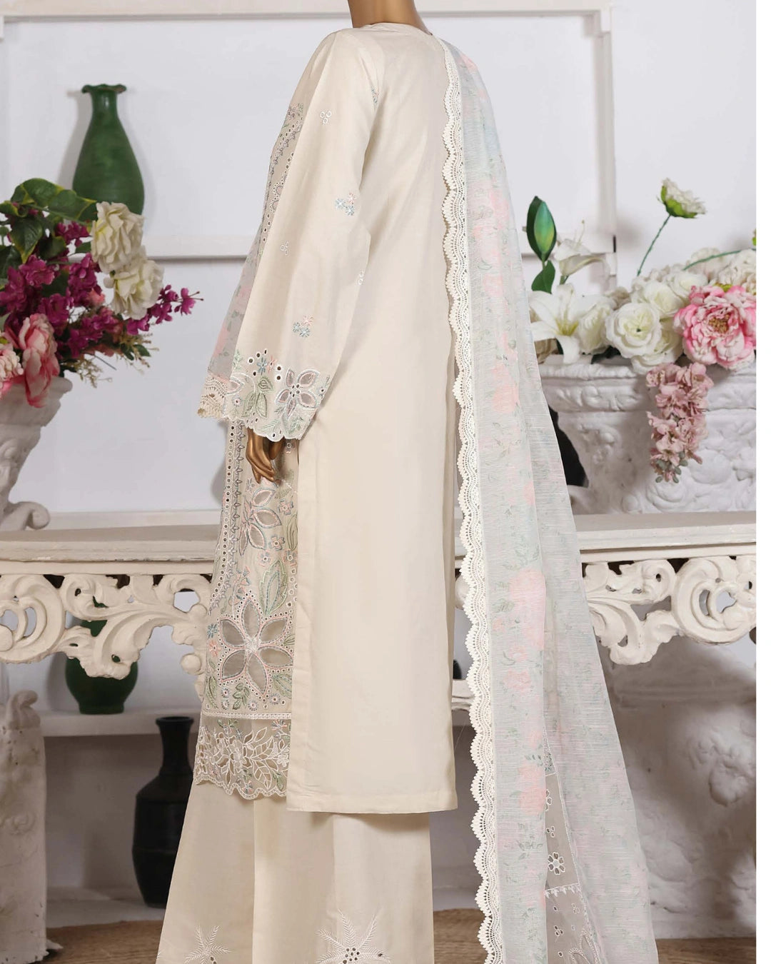HZ Muse-Embroidered 3 Piece Outfit Stitched Suite IVORY (CSE-3P-212)