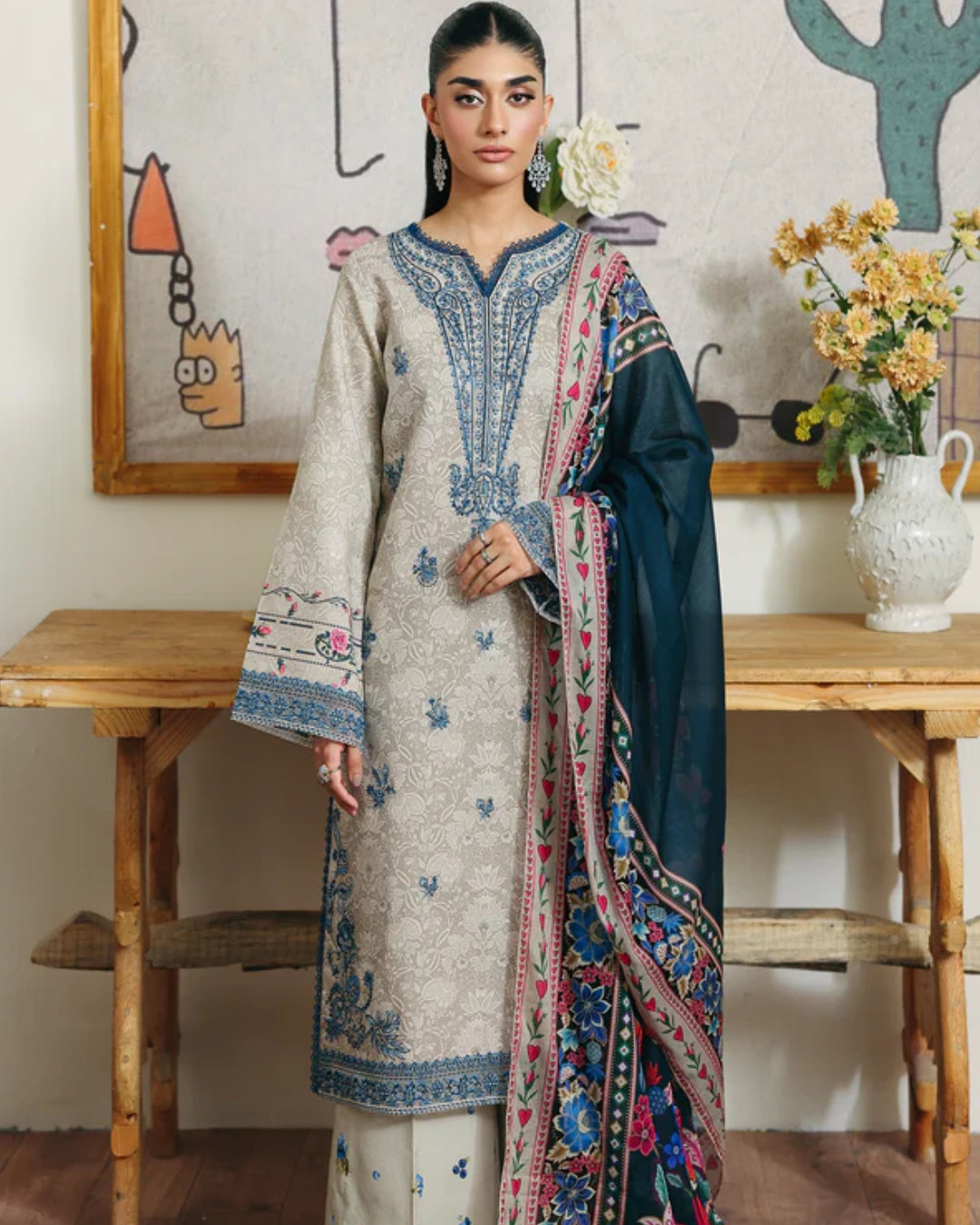 NISSA Floral Symphony – Embroidered & Printed Lawn Suit by Rajbari (Unstitched) 09
