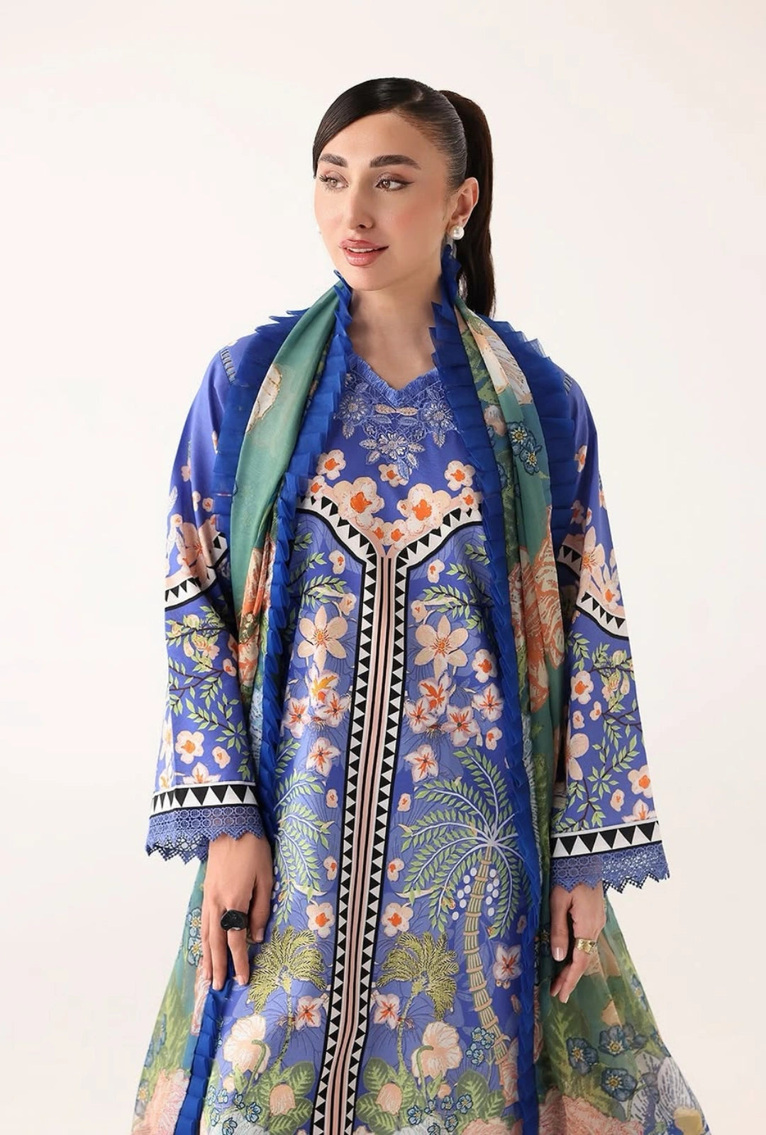 Roheenaz Rosette  Breeze of Dawn 3-Piece Unstitched Lawn Suit | Printed Shirt with Embroidered Neckline & Chiffon Dupatta
