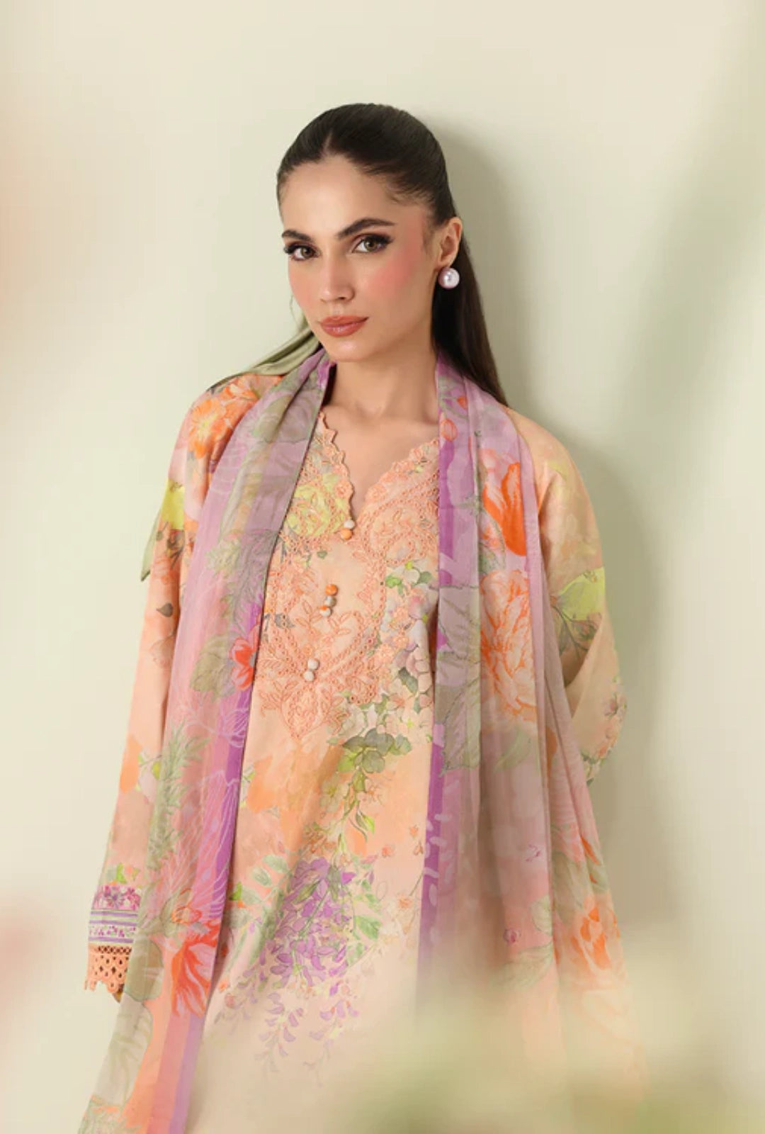 Roheenaz Rosette  Sunlit Fern 3-Piece Unstitched Lawn Suit | Printed Shirt with Embroidered Neckline & Chiffon Dupatta