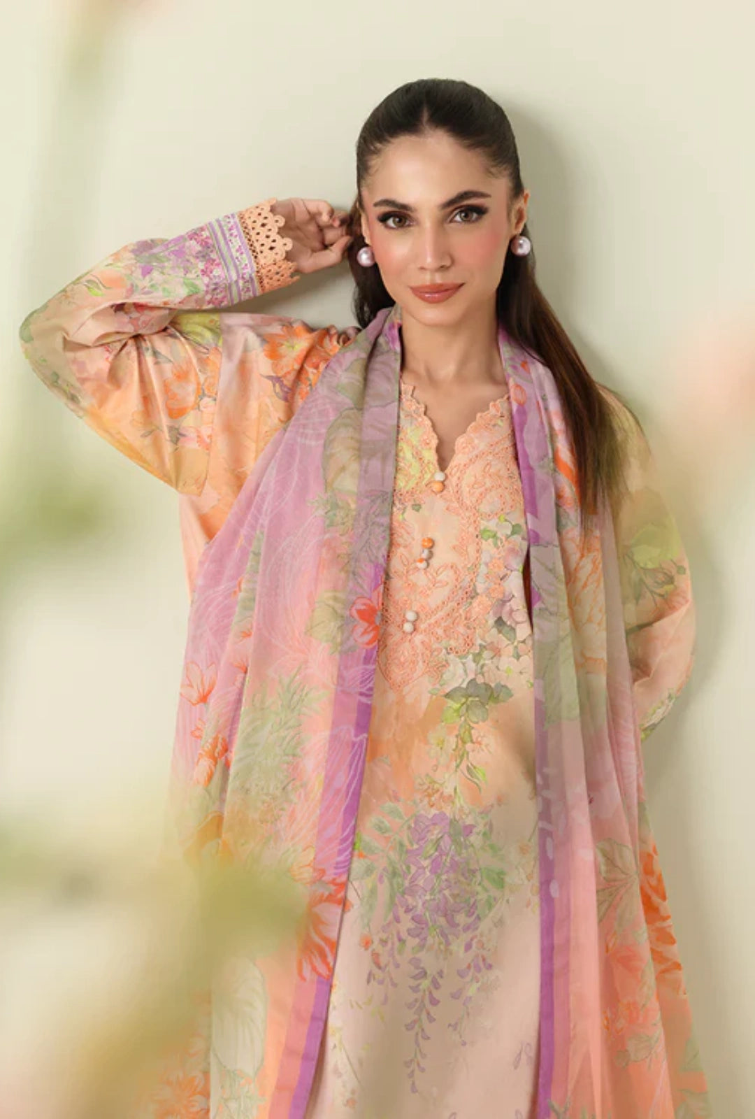 Roheenaz Rosette  Sunlit Fern 3-Piece Unstitched Lawn Suit | Printed Shirt with Embroidered Neckline & Chiffon Dupatta