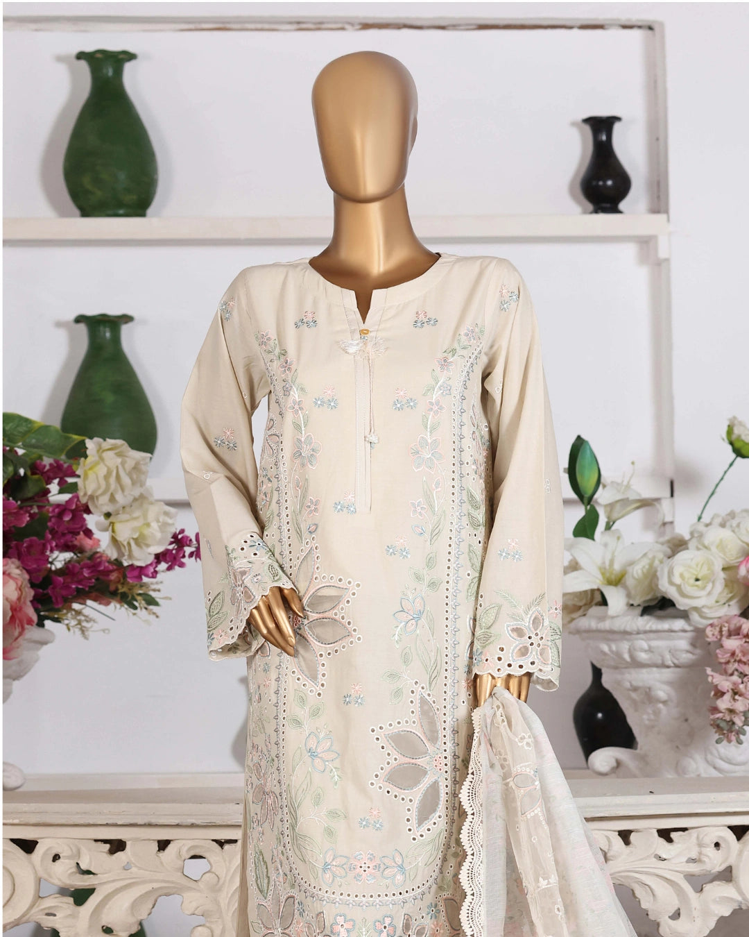 HZ Muse-Embroidered 3 Piece Outfit Stitched Suite IVORY (CSE-3P-212)
