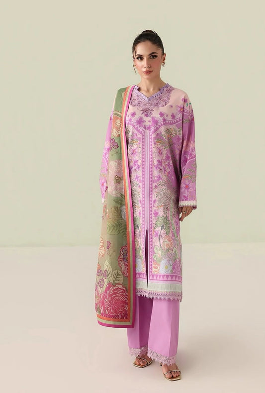 Roheenaz Rosette Soft Solstice 3-Piece Unstitched Lawn Suit | Printed Shirt with Embroidered Neckline & Chiffon Dupatta