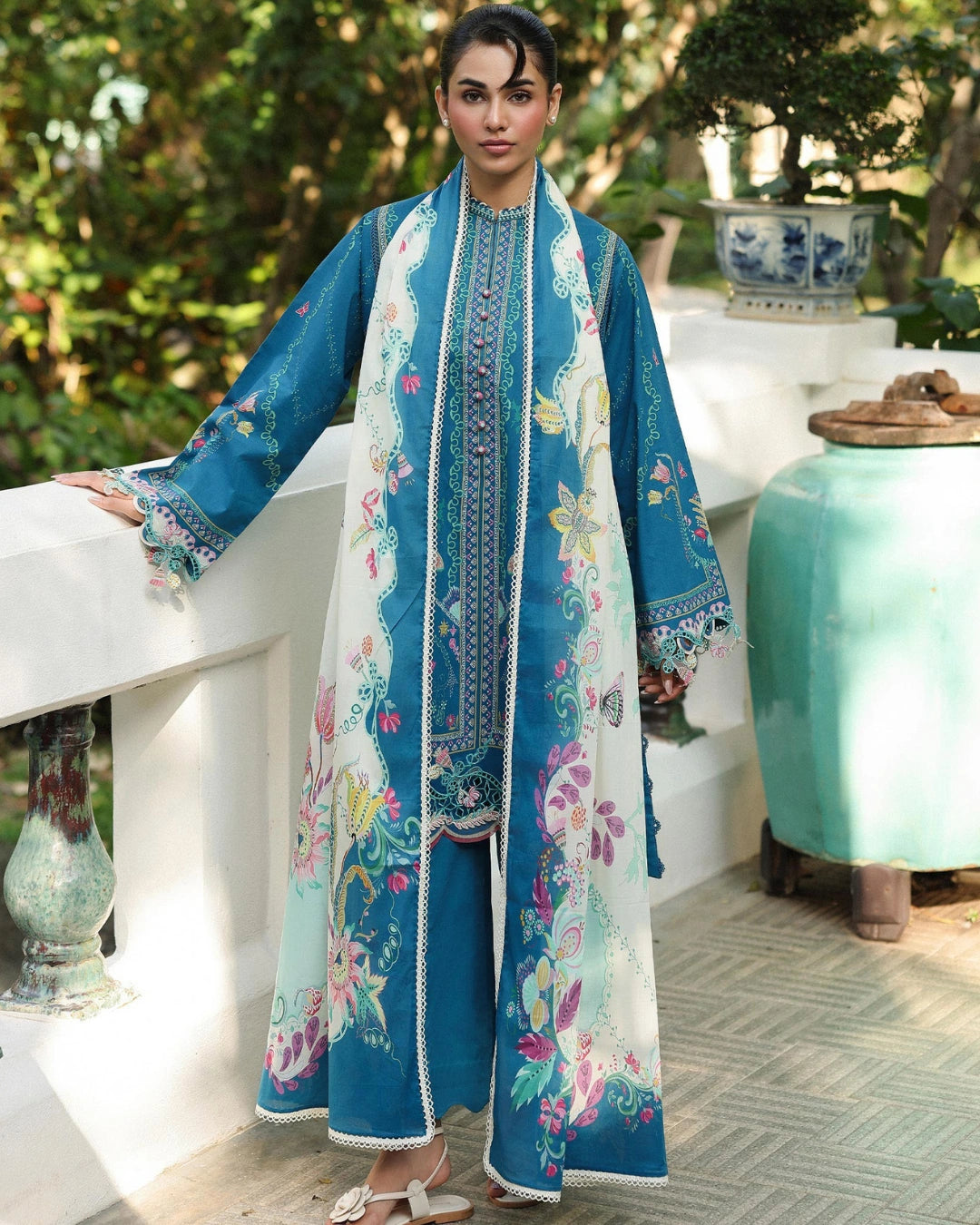 Qalamkar Qprints | Digital Printed Lawn Chikankari Embroidered Unstitched Suit | CAIRE