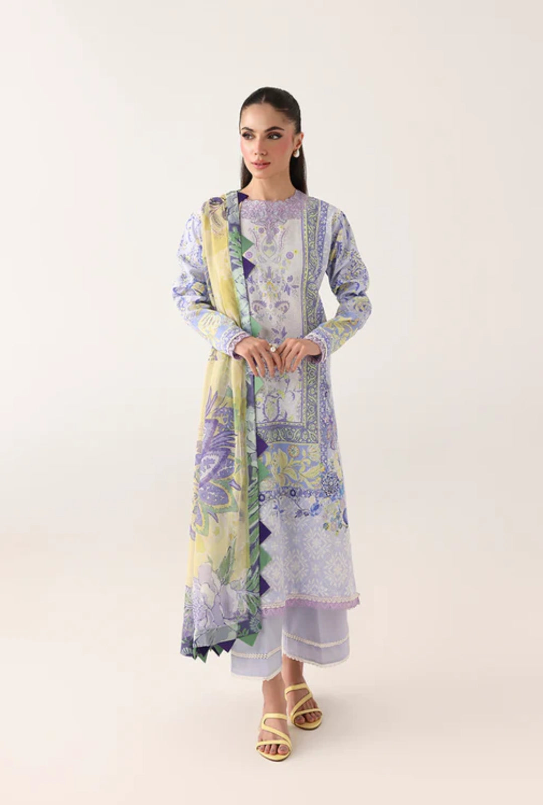 Roheenaz Rosette  Blush Meadow 3-Piece Unstitched Lawn Suit | Printed Shirt with Embroidered Neckline & Chiffon Dupatta