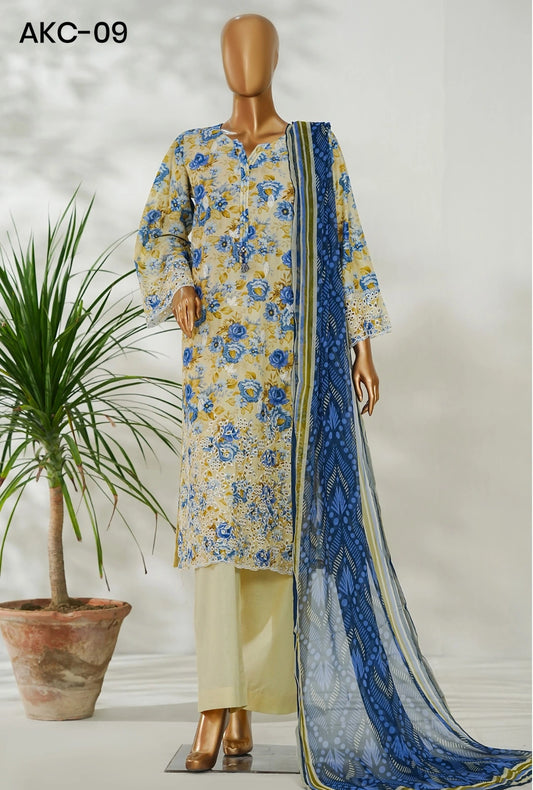 Amna Khadija Ismet Chikankari Embroidered Bana Dora Lawn Stitched 3 Piece Suit - AKC-09 | Beige | Summer