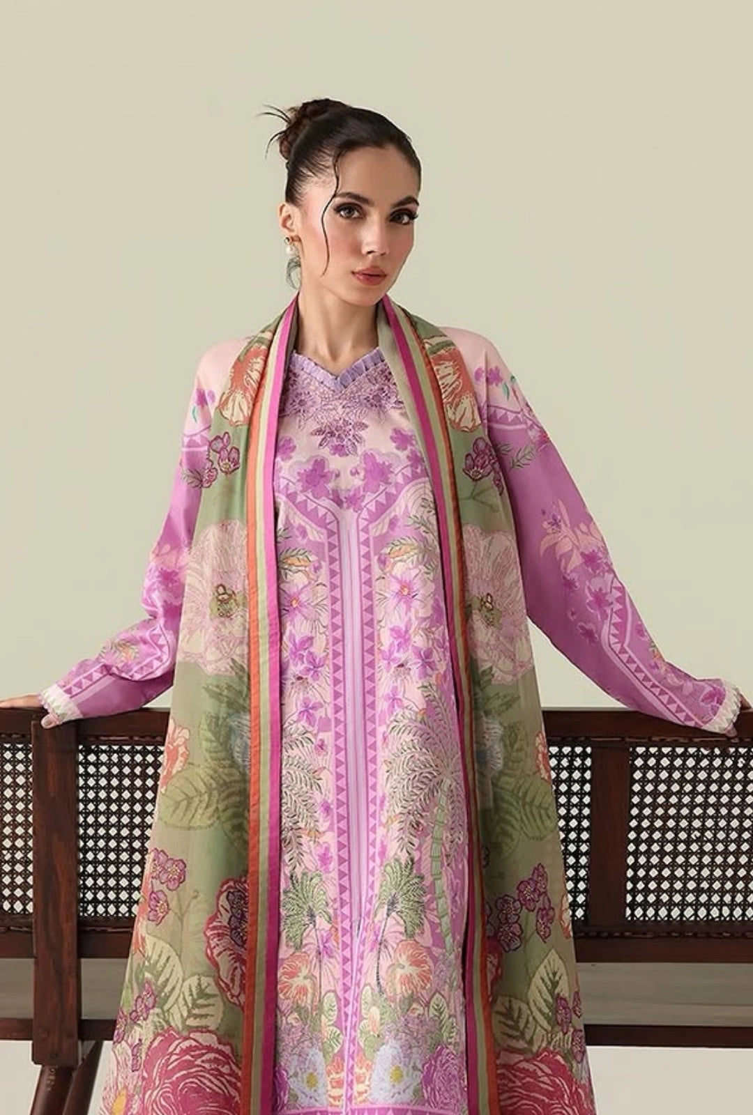 Roheenaz Rosette Soft Solstice 3-Piece Unstitched Lawn Suit | Printed Shirt with Embroidered Neckline & Chiffon Dupatta