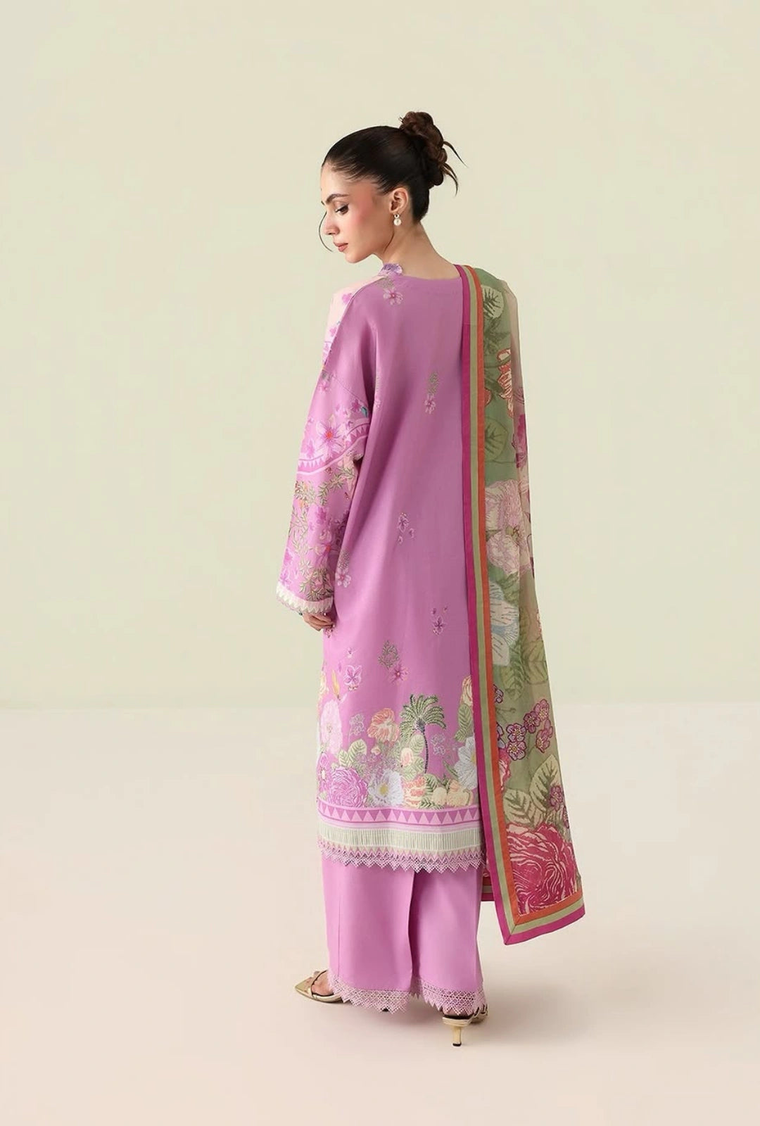 Roheenaz Rosette Soft Solstice 3-Piece Unstitched Lawn Suit | Printed Shirt with Embroidered Neckline & Chiffon Dupatta