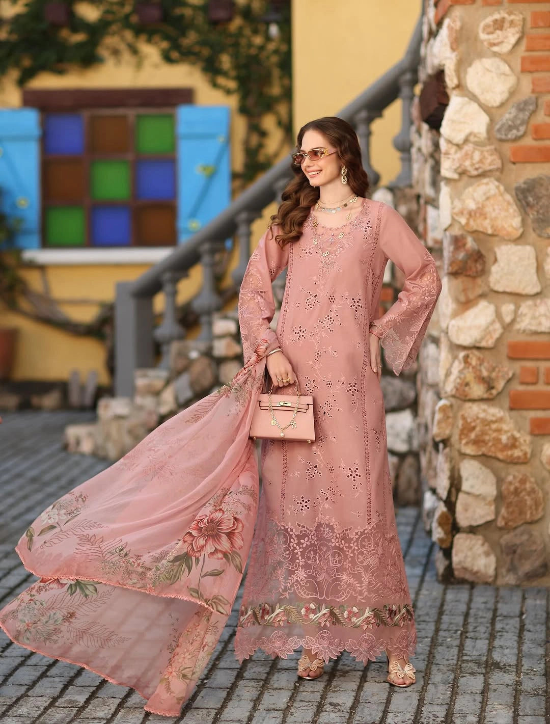 Noor Luxe Chikankari 3-Piece Unstitched Lawn Embroidered Suit (D8 - B)