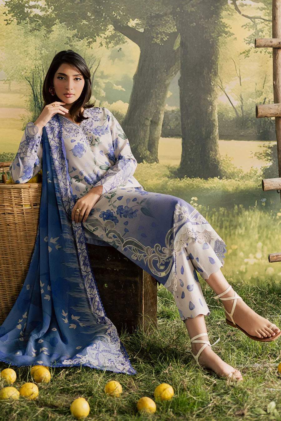 NUREH BLOOM Embroidered & Printed Doriya Lawn 3 Piece Unstitched Suit (BL-16)