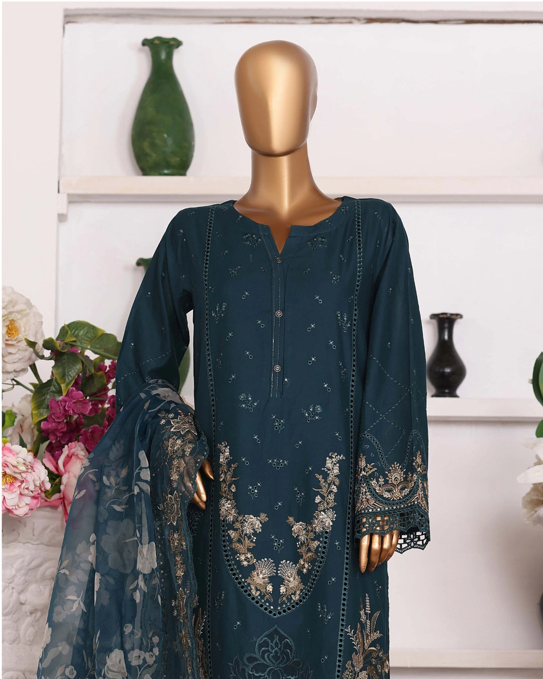 HZ Muse-Embroidered 3 Piece Outfit Stitched Suite PEACOCK (CSE-3P-214)