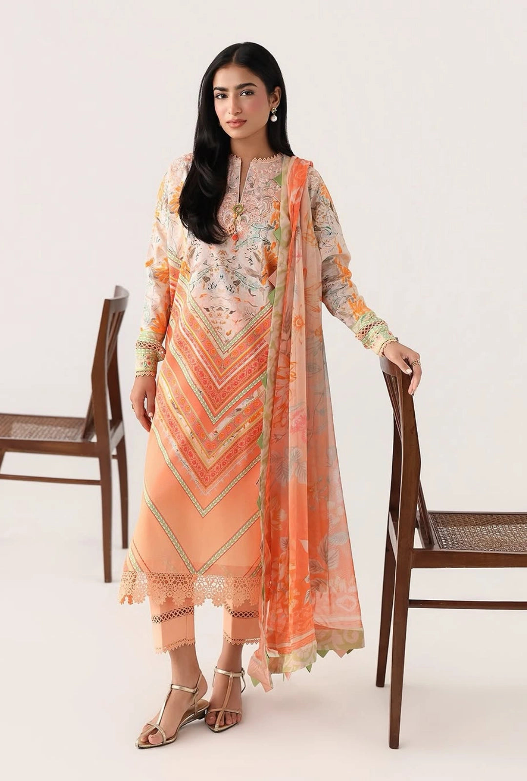 Roheenaz Rosette Whispering Wind 3-Piece Unstitched Lawn Suit | Printed Shirt with Embroidered Neckline & Chiffon Dupatta