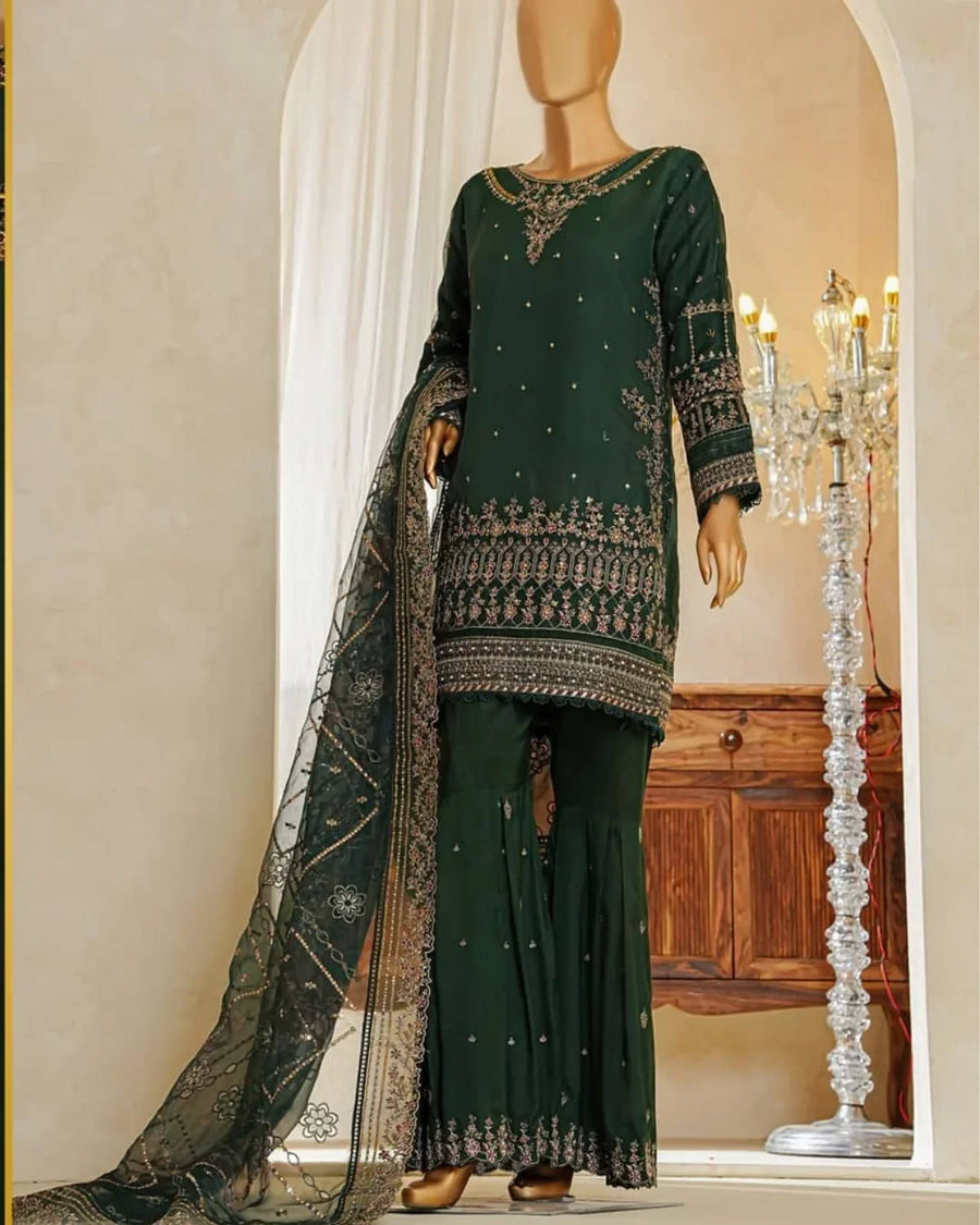 Shaadmaani By HZ 3 Piece Luxury Embroidered Formal Suit Green (HZK-214)