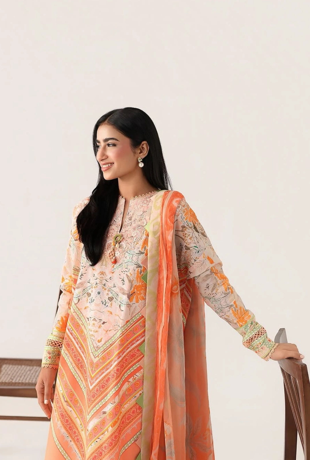 Roheenaz Rosette Whispering Wind 3-Piece Unstitched Lawn Suit | Printed Shirt with Embroidered Neckline & Chiffon Dupatta