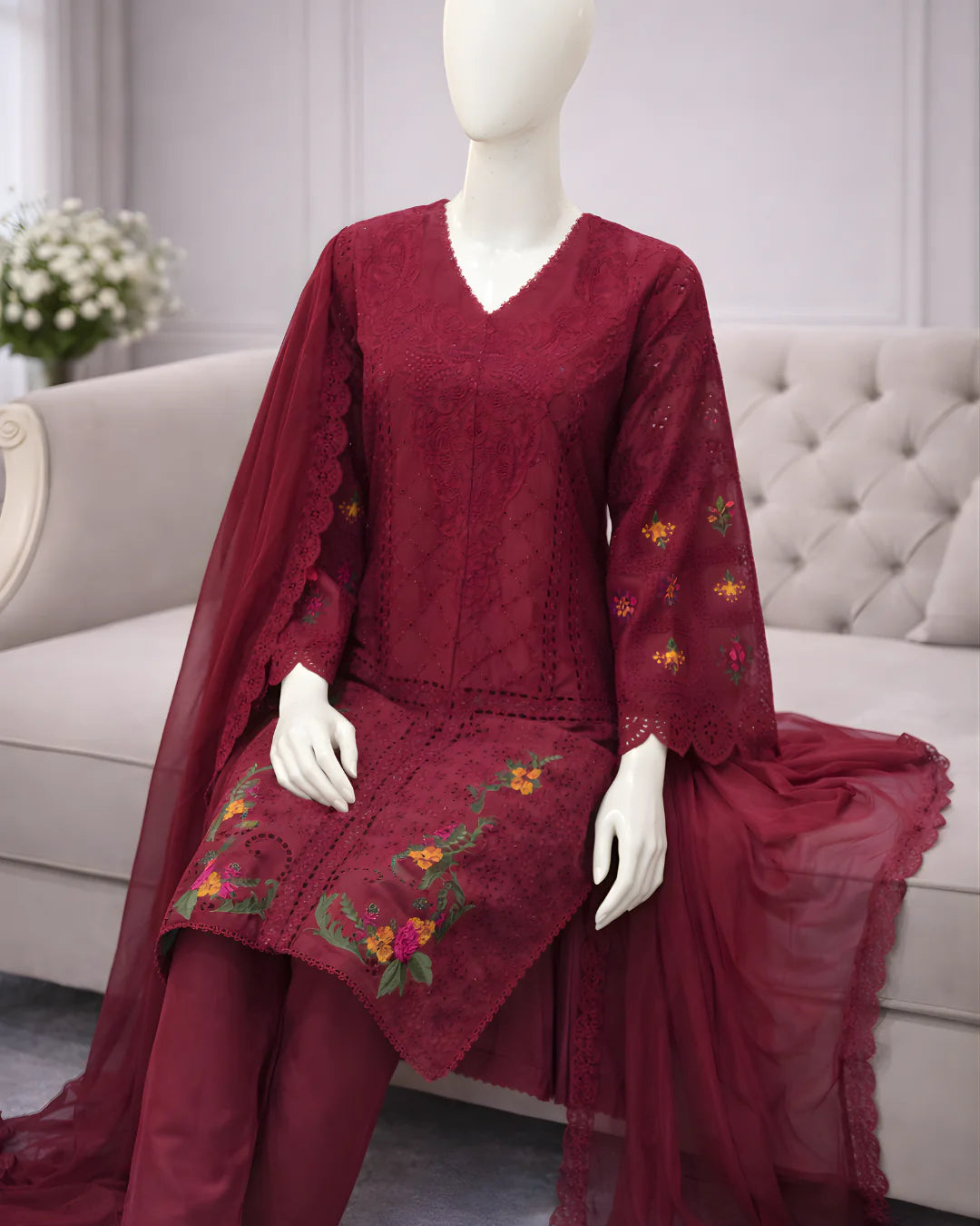 Pasand of Lahore 3-Piece Premium Viscose Suit – Mehroon (PL-361)